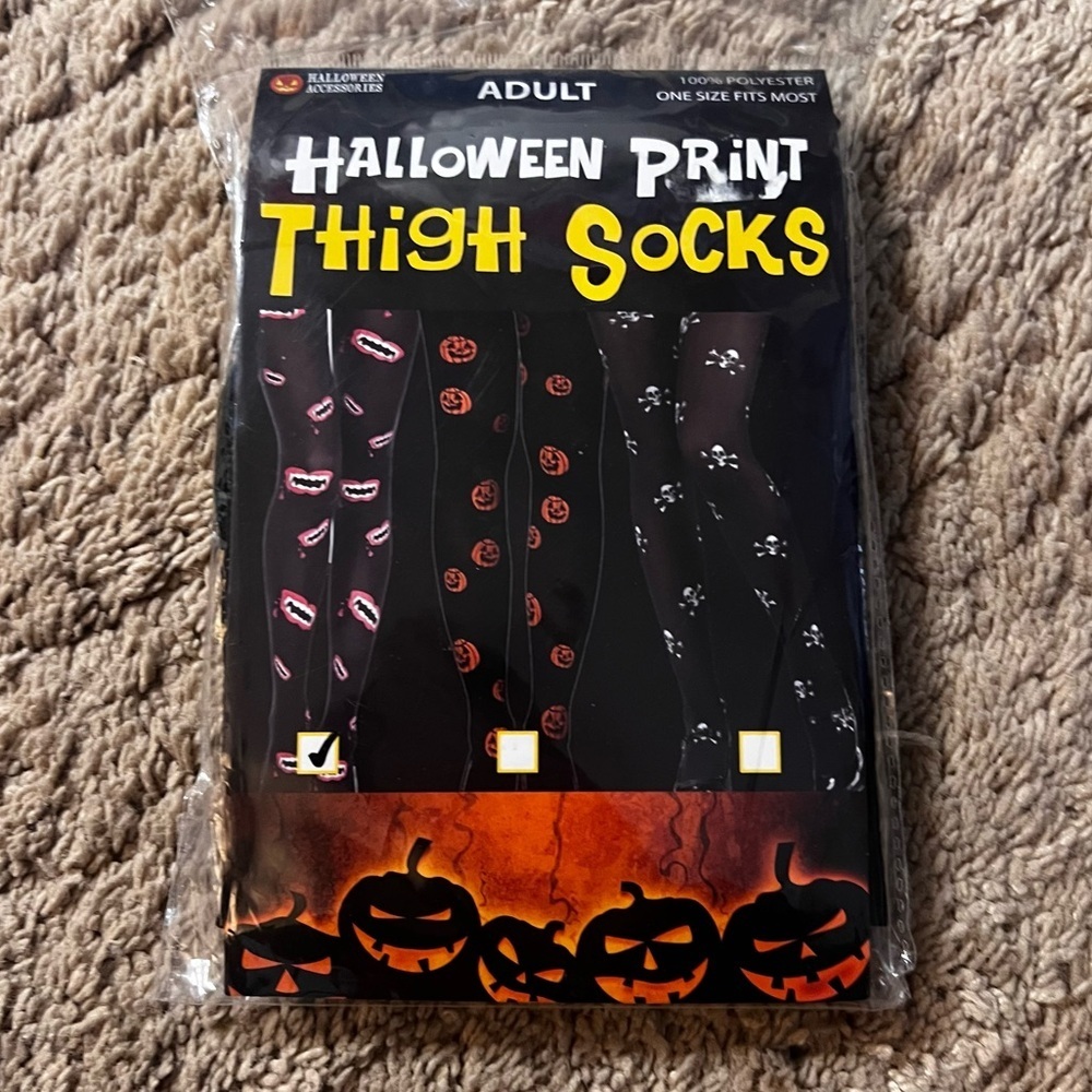 Halloween Thigh High Tights With Scary Fang Teeth Black and Red One Size NWT